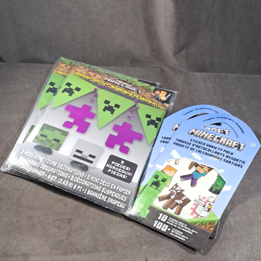 Lot 2 Minecraft Party Decorations with 2 Sticker Variety Packs NEW SEALED